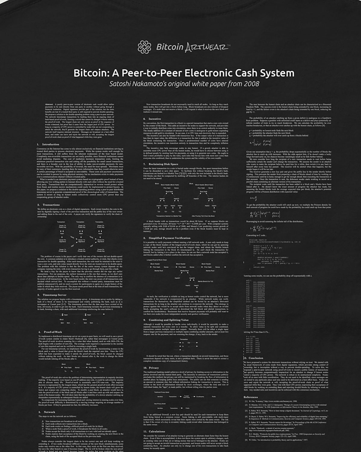 Bitcoin Whitepaper on a black t-shirt, detail view