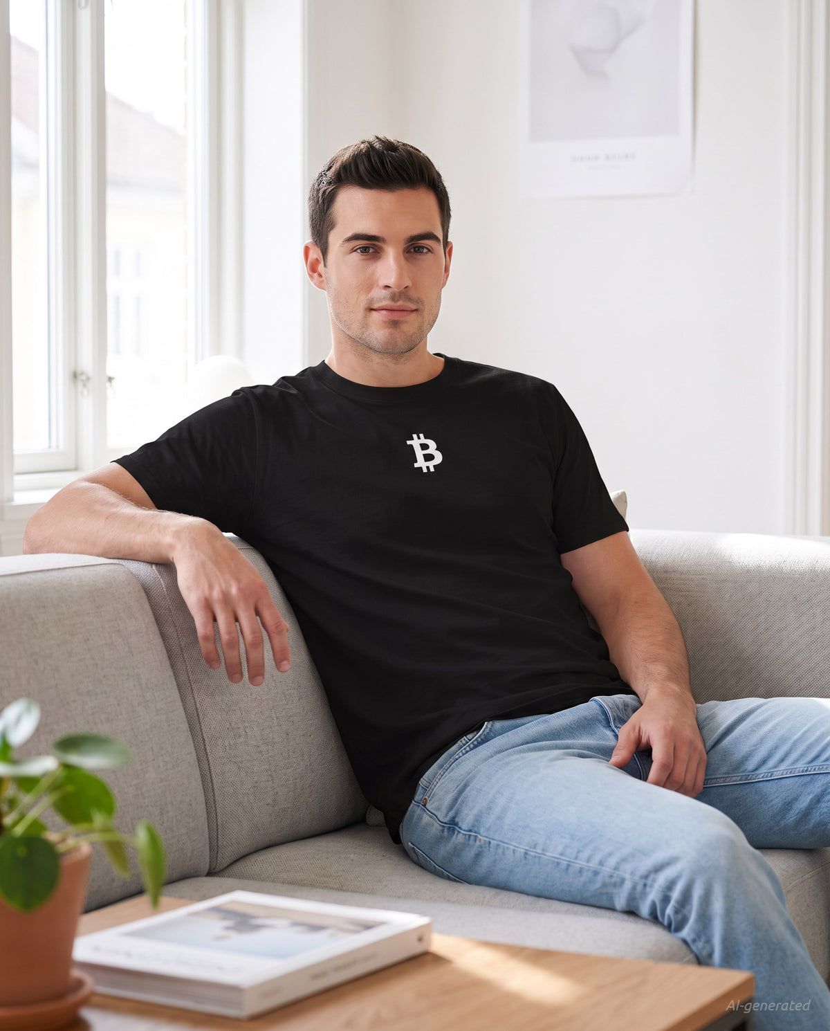 Bitcoin Whitepaper on a black t-shirt, scandinavian living room