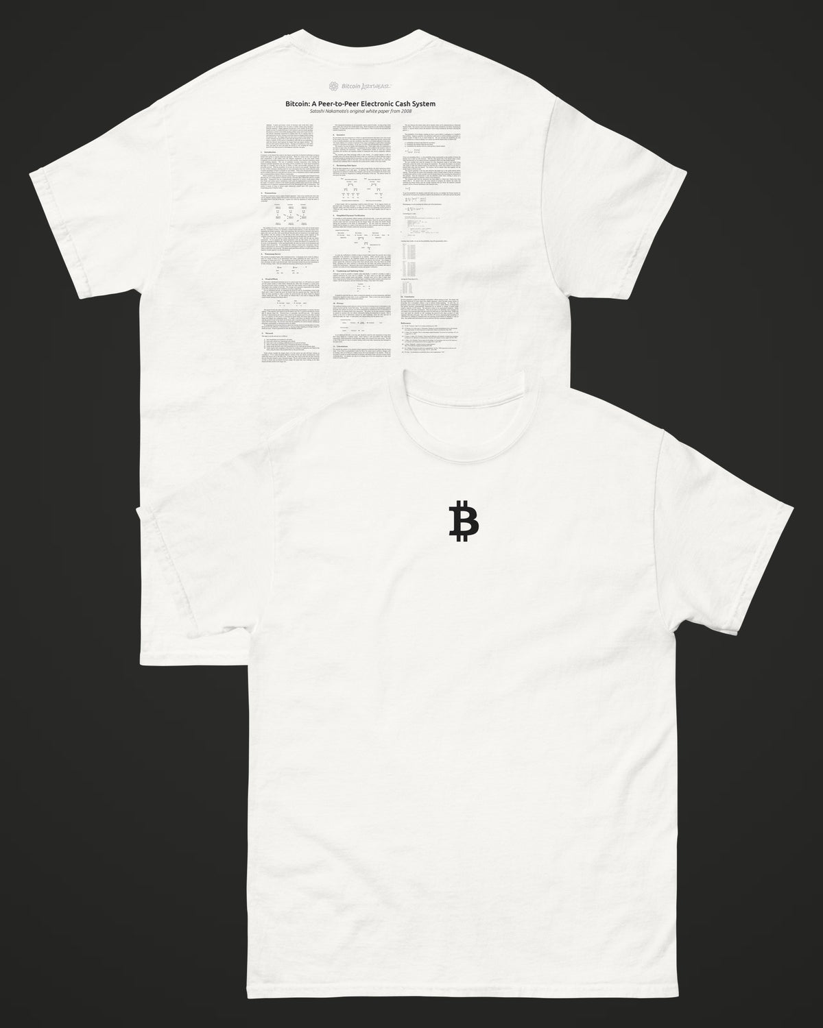 Bitcoin Whitepaper on a white t-shirt, collage view