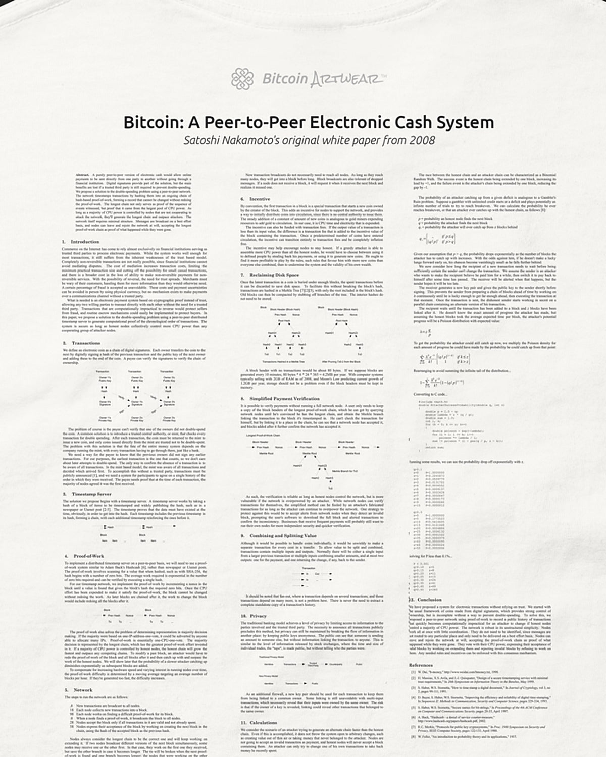 Bitcoin Whitepaper on a white t-shirt, detail view