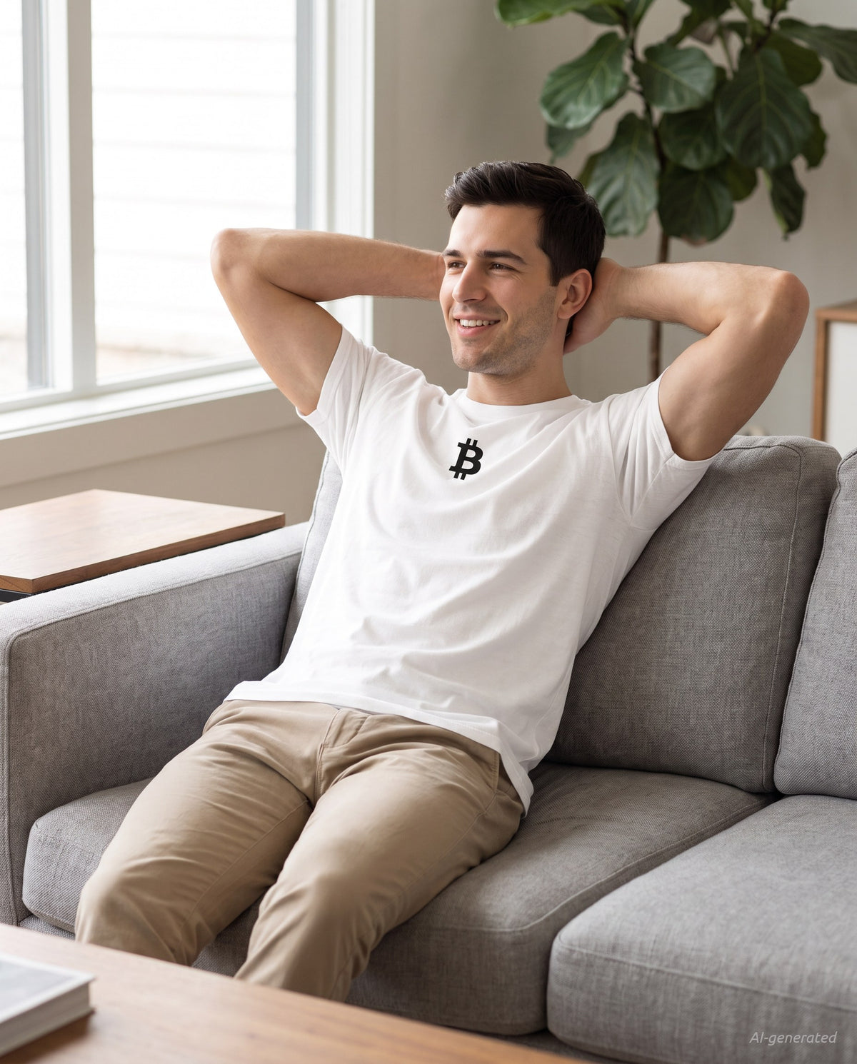 Bitcoin Whitepaper on a white t-shirt, scandinavian living room