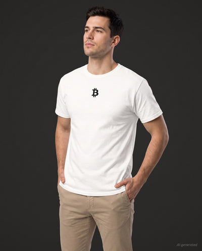 Bitcoin Whitepaper on a white t-shirt, studio front