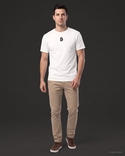 Bitcoin Whitepaper on a white t-shirt, studio full figure