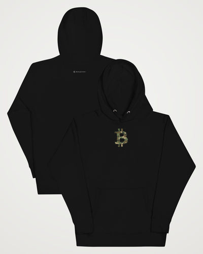 Camo Bitcoin Symbol on a black hoodie, collage view
