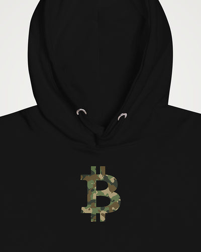 Camo Bitcoin Symbol on a black hoodie, detail view
