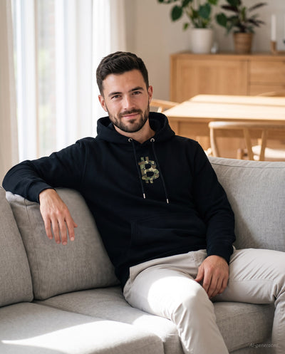 Camo Bitcoin Symbol on a black hoodie, scandinavian living room