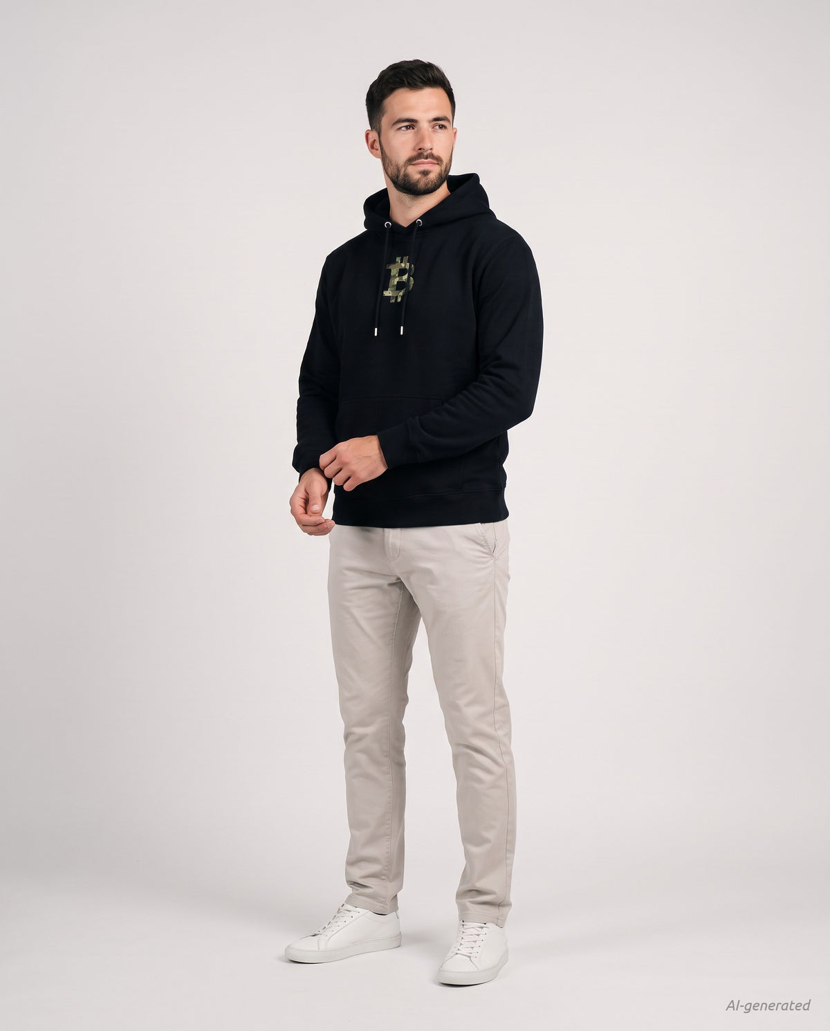 Camo Bitcoin Symbol on a black hoodie, studio full figure