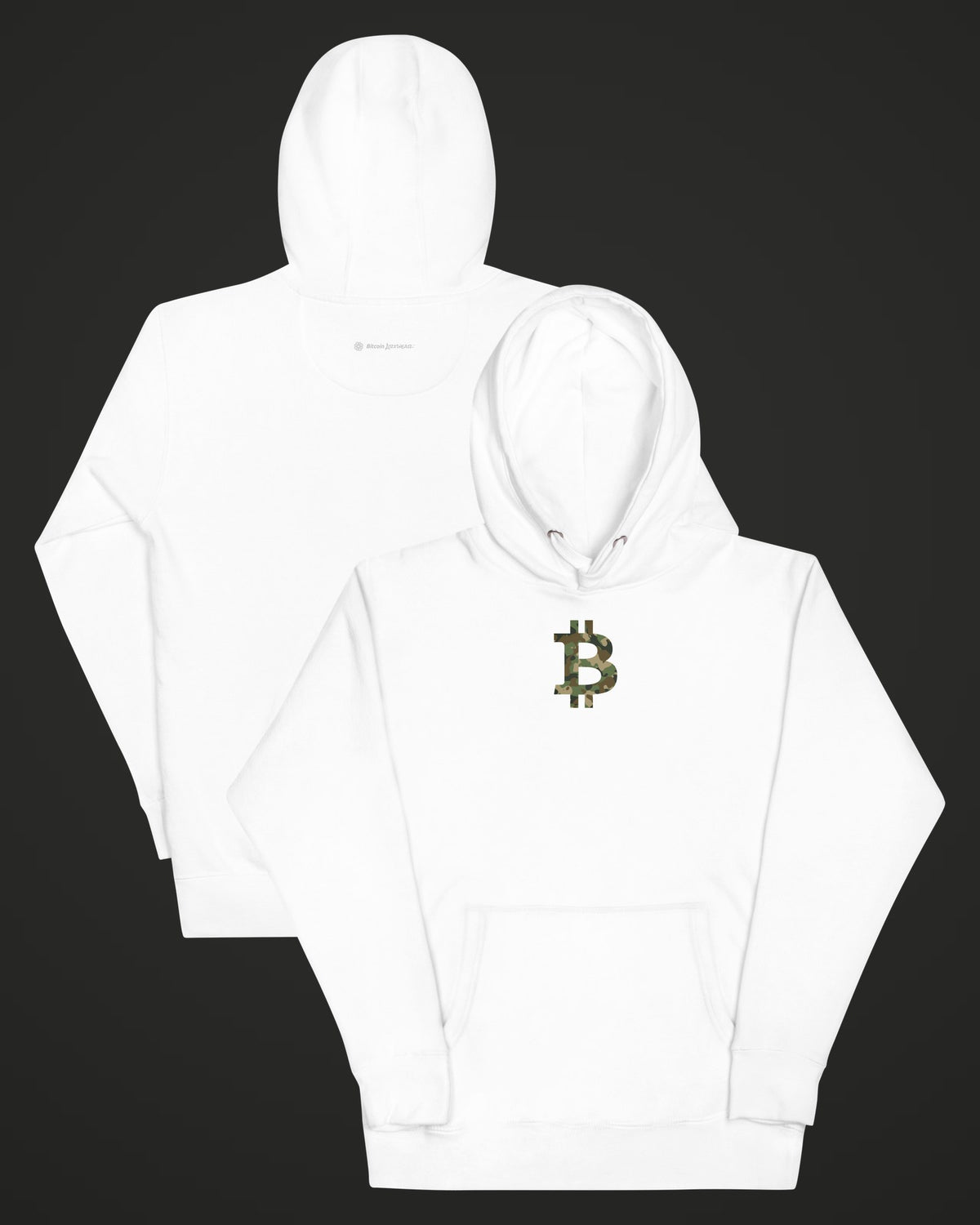 Camo Bitcoin Symbol on a white hoodie, collage view