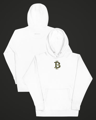 Camo Bitcoin Symbol on a white hoodie, collage view