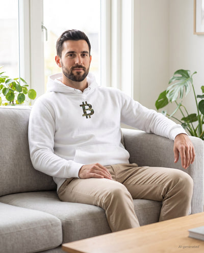 Camo Bitcoin Symbol on a white hoodie, scandinavian living room