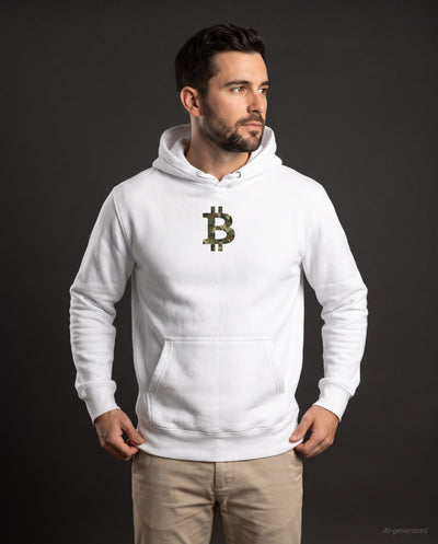 Camo Bitcoin Symbol on a white hoodie, studio front