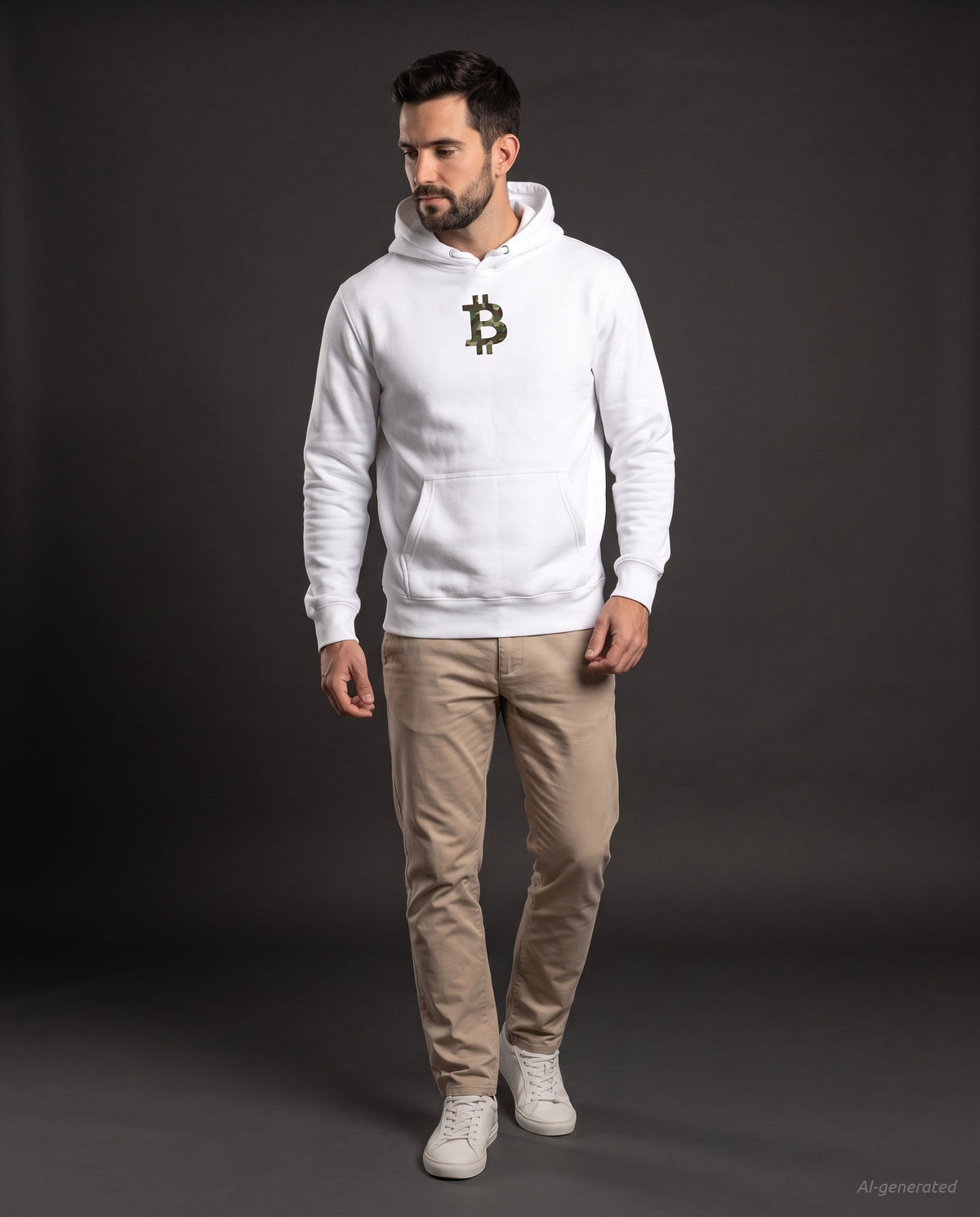Camo Bitcoin Symbol on a white hoodie, studio full figure