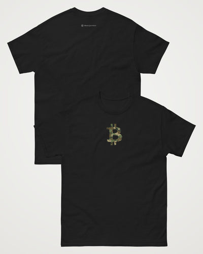 Camo Bitcoin Symbol on a black t-shirt, collage view