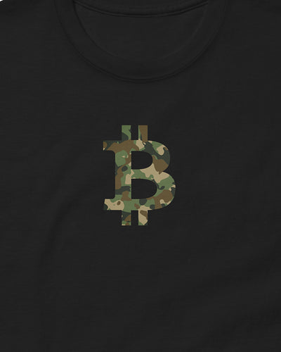 Camo Bitcoin Symbol on a black t-shirt, detail view