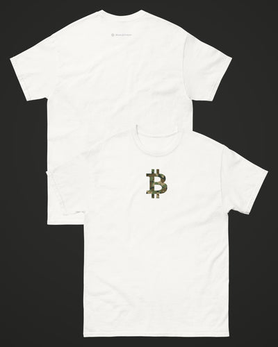 Camo Bitcoin Symbol on a white t-shirt, collage view