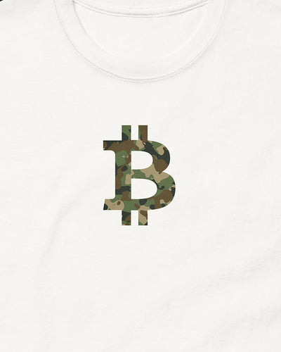 Camo Bitcoin Symbol on a white t-shirt, detail view