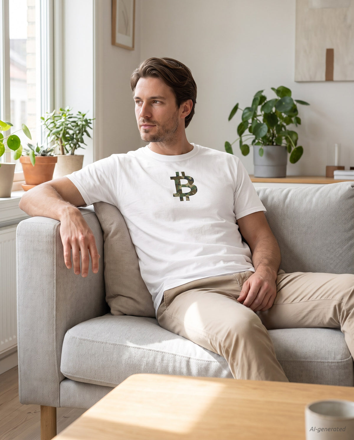 Camo Bitcoin Symbol on a white t-shirt, scandinavian living room