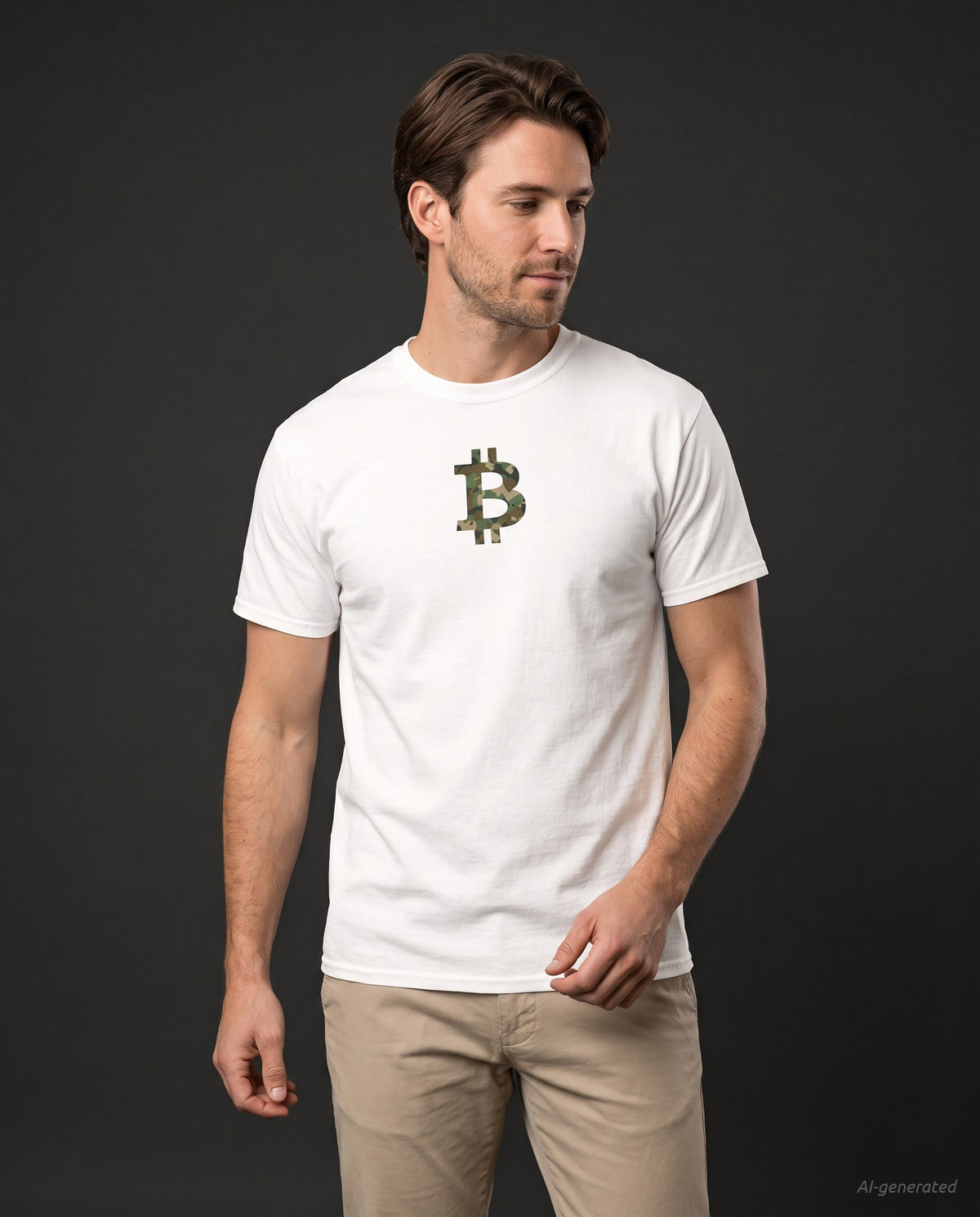 Camo Bitcoin Symbol on a white t-shirt, studio front