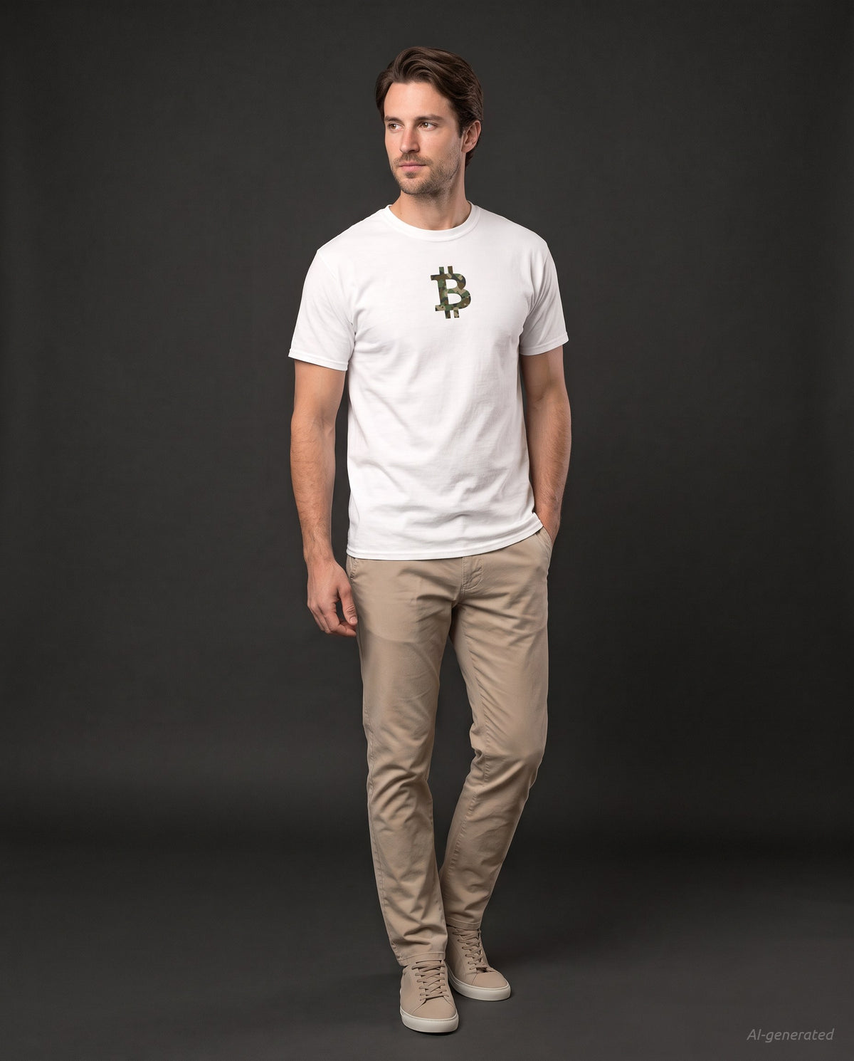 Camo Bitcoin Symbol on a white t-shirt, studio full figure