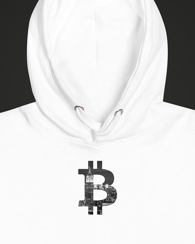 New York Bitcoin Symbol on a white hoodie, detail view