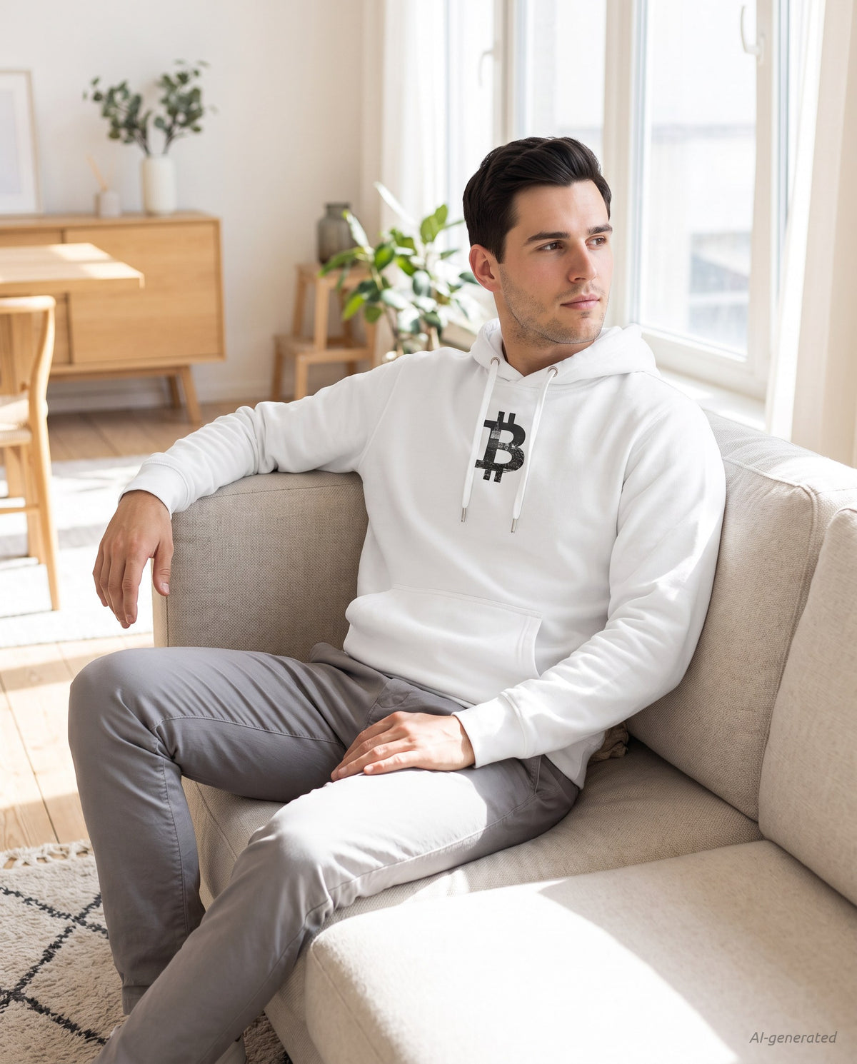 New York Bitcoin Symbol on a white hoodie, scandinavian living room