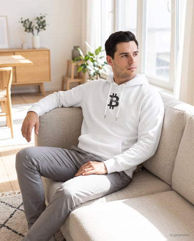 New York Bitcoin Symbol on a white hoodie, scandinavian living room