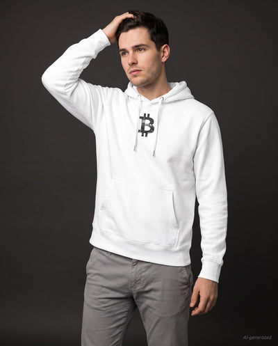 New York Bitcoin Symbol on a white hoodie, studio front