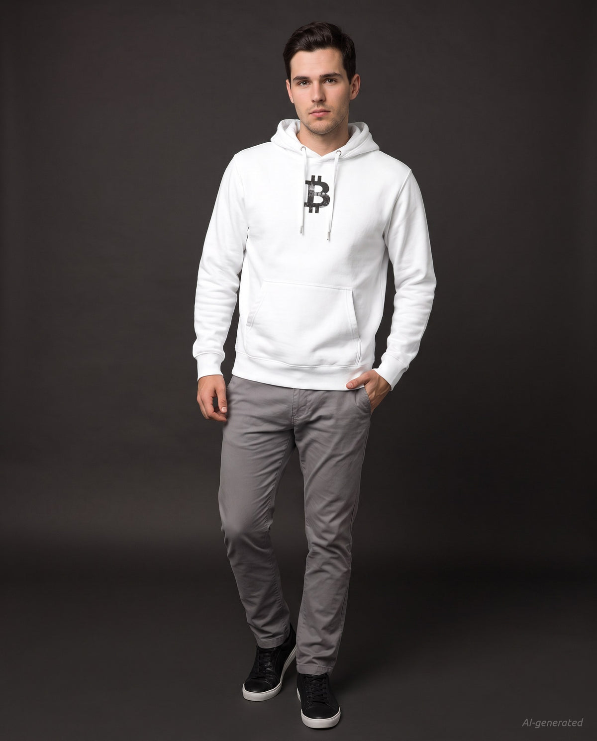 New York Bitcoin Symbol on a white hoodie, studio full figure