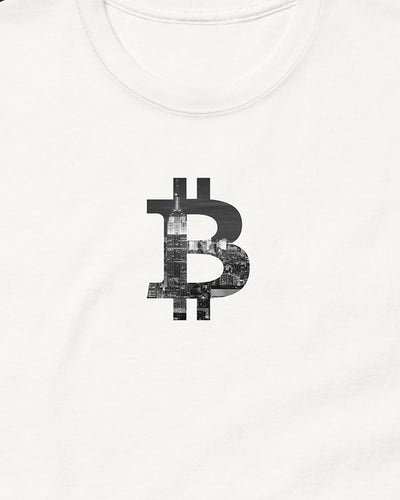 New York Bitcoin Symbol on a white t-shirt, detail view