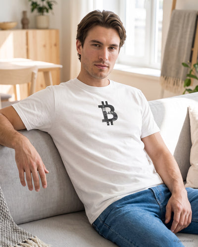 New York Bitcoin Symbol on a white t-shirt, scandinavian living room