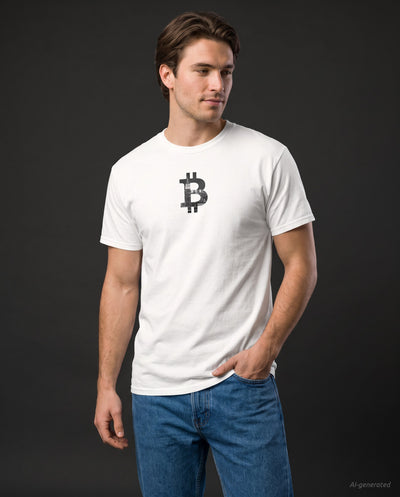 New York Bitcoin Symbol on a white t-shirt, studio front