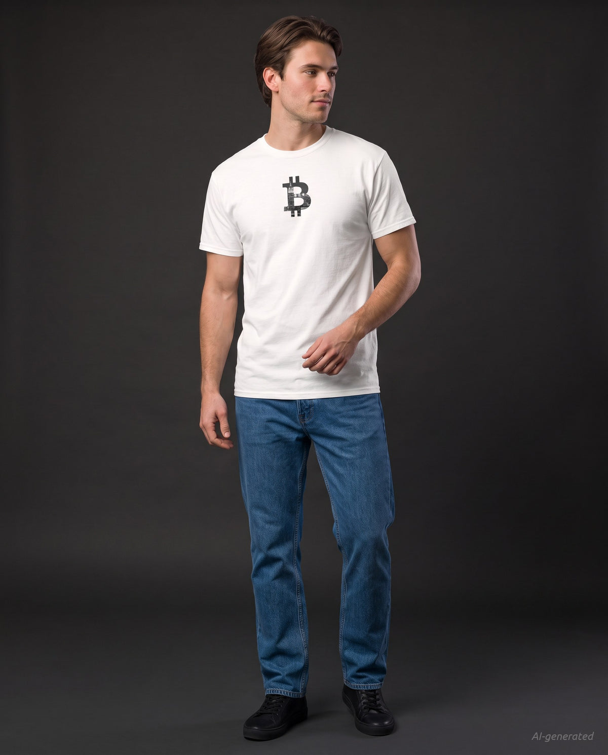 New York Bitcoin Symbol on a white t-shirt, studio full figure
