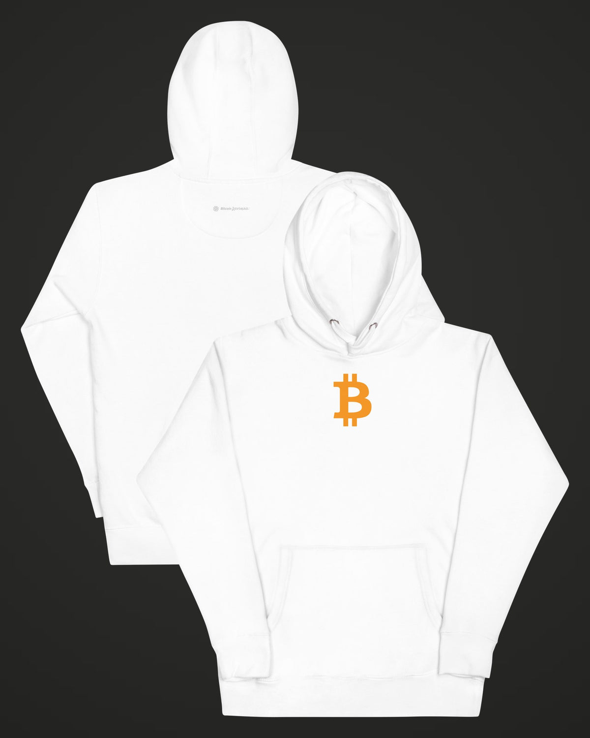 Orange Bitcoin Symbol on a white hoodie, collage view