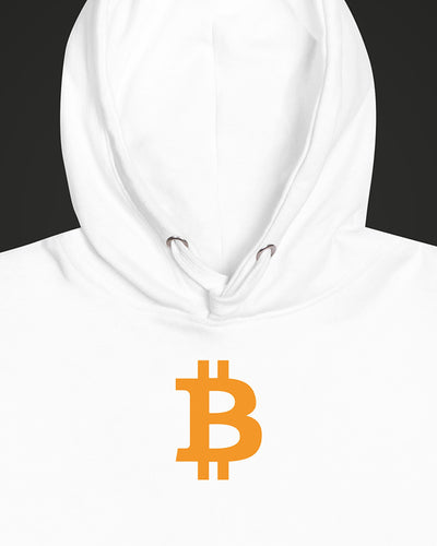 Orange Bitcoin Symbol on a white hoodie, detail view