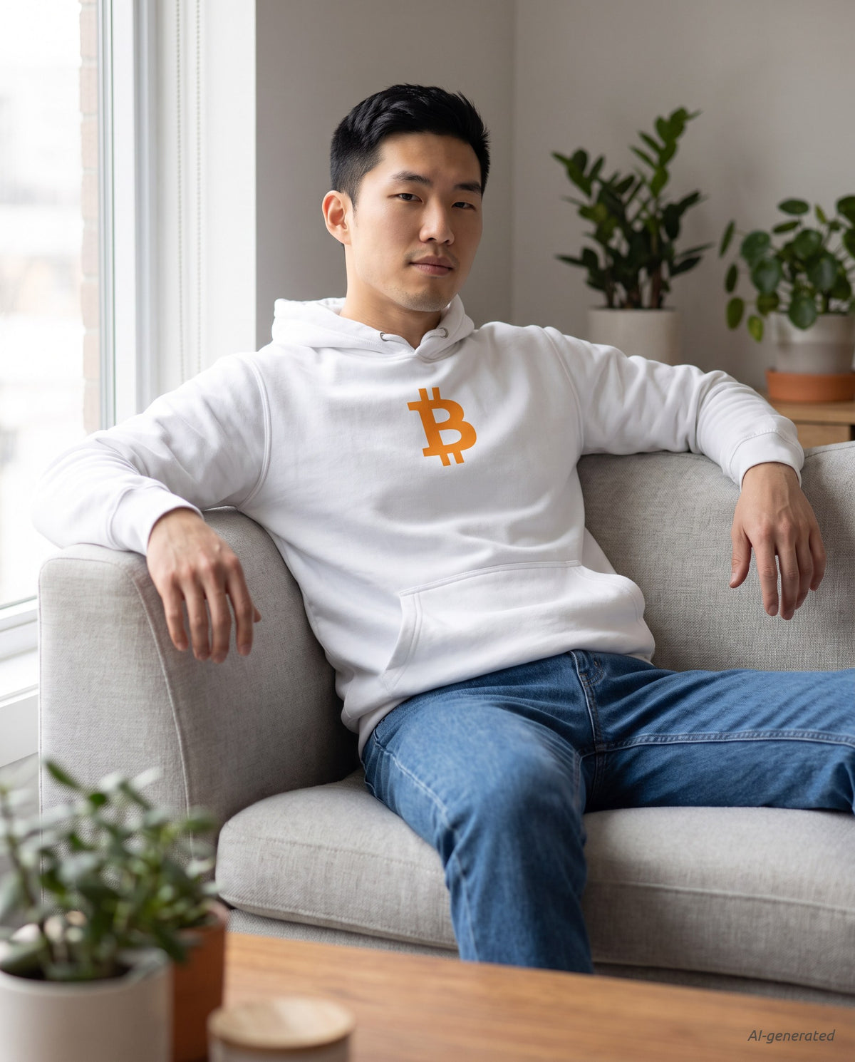 Orange Bitcoin Symbol on a white hoodie, scandinavian living room