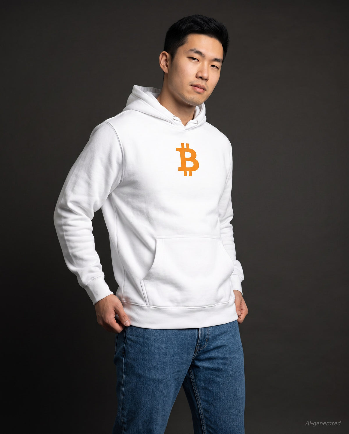 Orange Bitcoin Symbol on a white hoodie, studio front