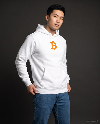 Orange Bitcoin Symbol on a white hoodie, studio front