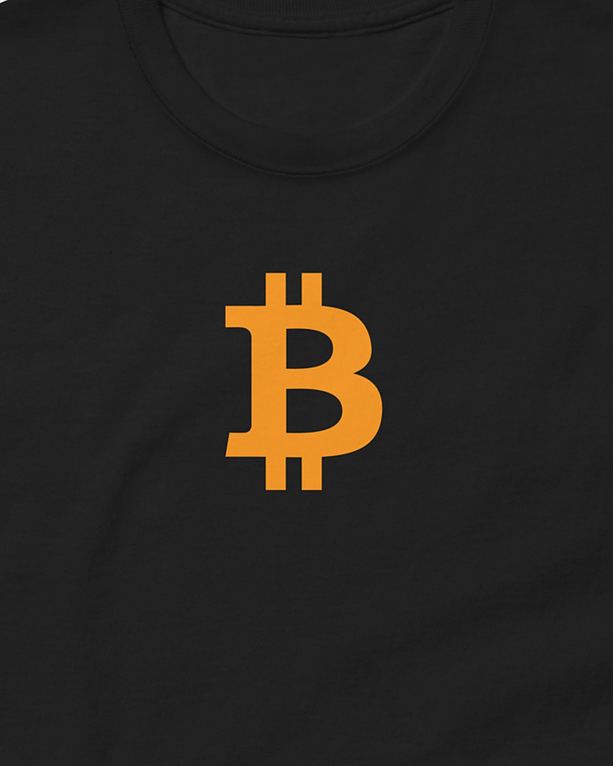 Orange Bitcoin Symbol on a black t-shirt, detail view