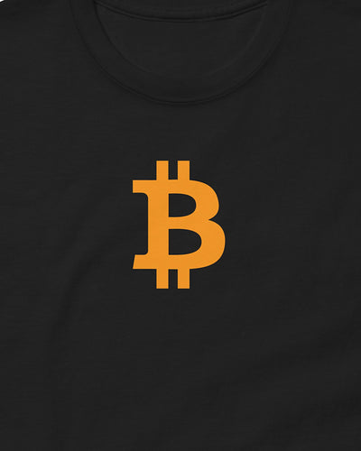 Orange Bitcoin Symbol on a black t-shirt, detail view