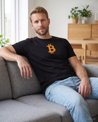 Orange Bitcoin Symbol on a black t-shirt, scandinavian living room