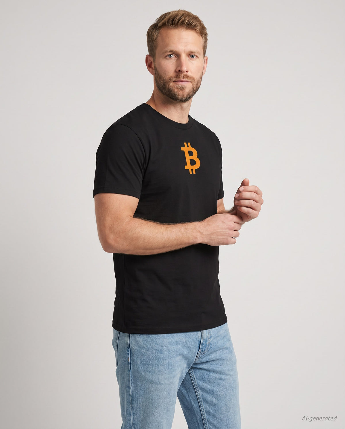 Orange Bitcoin Symbol on a black t-shirt, studio front