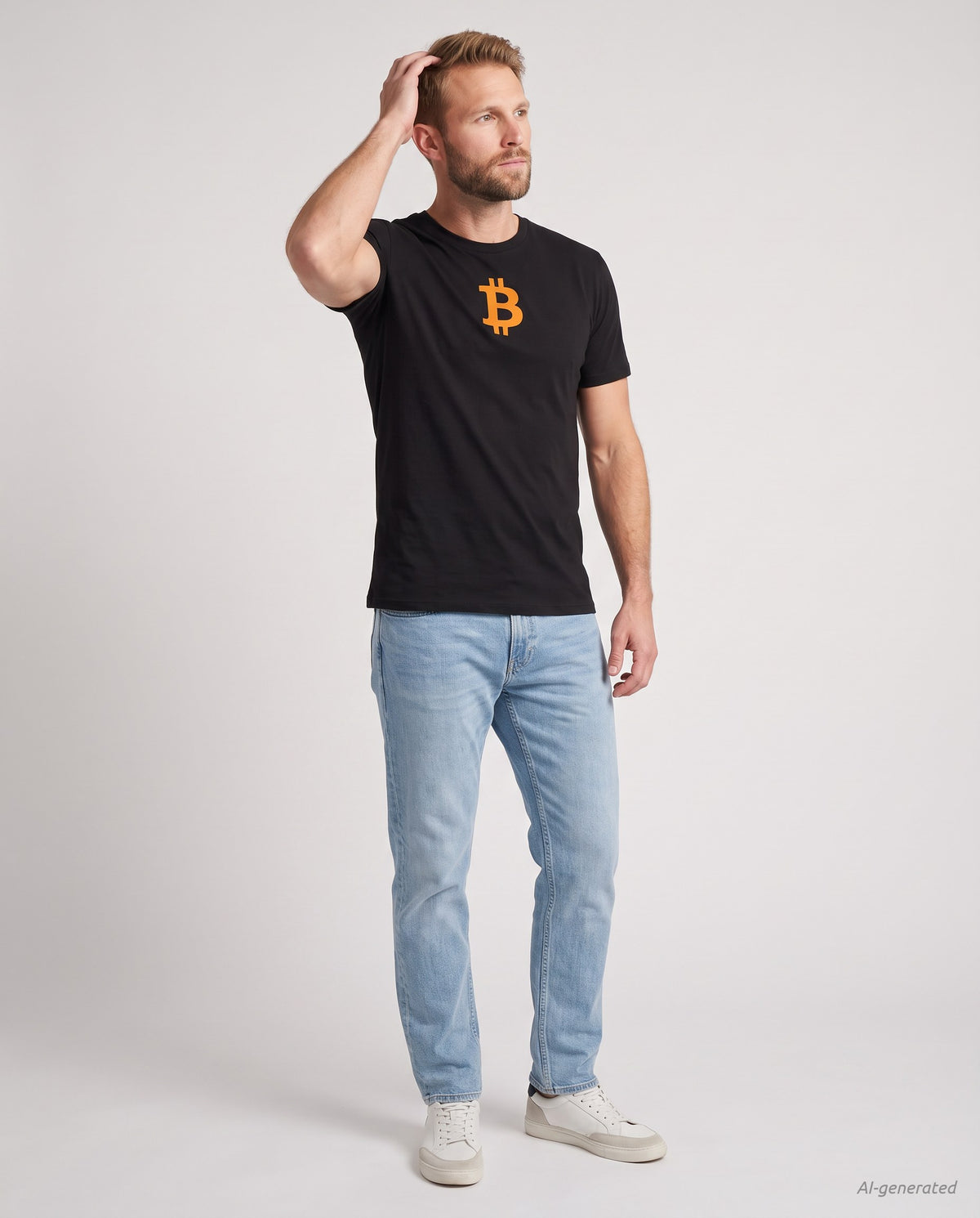 Orange Bitcoin Symbol on a black t-shirt, studio full figure