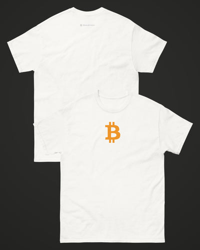 Orange Bitcoin Symbol on a white t-shirt, collage view