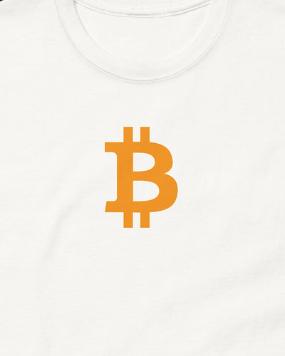 Orange Bitcoin Symbol on a white t-shirt, detail view