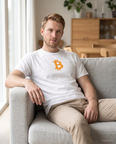 Orange Bitcoin Symbol on a white t-shirt, scandinavian living room