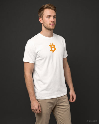 Orange Bitcoin Symbol on a white t-shirt, studio front