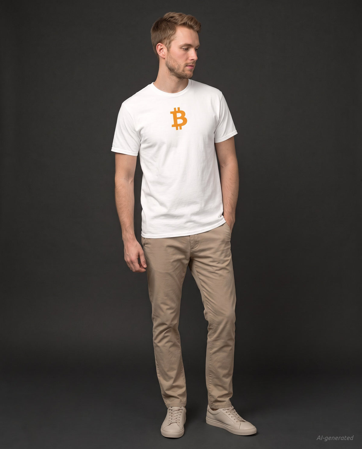 Orange Bitcoin Symbol on a white t-shirt, studio full figure