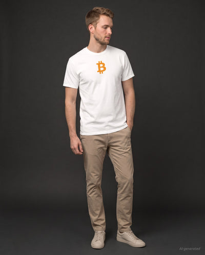 Orange Bitcoin Symbol on a white t-shirt, studio full figure