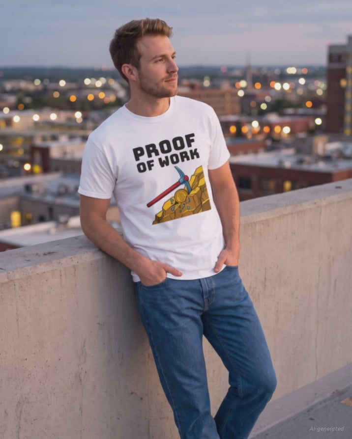 Proof Of Work on a white t-shirt, product video