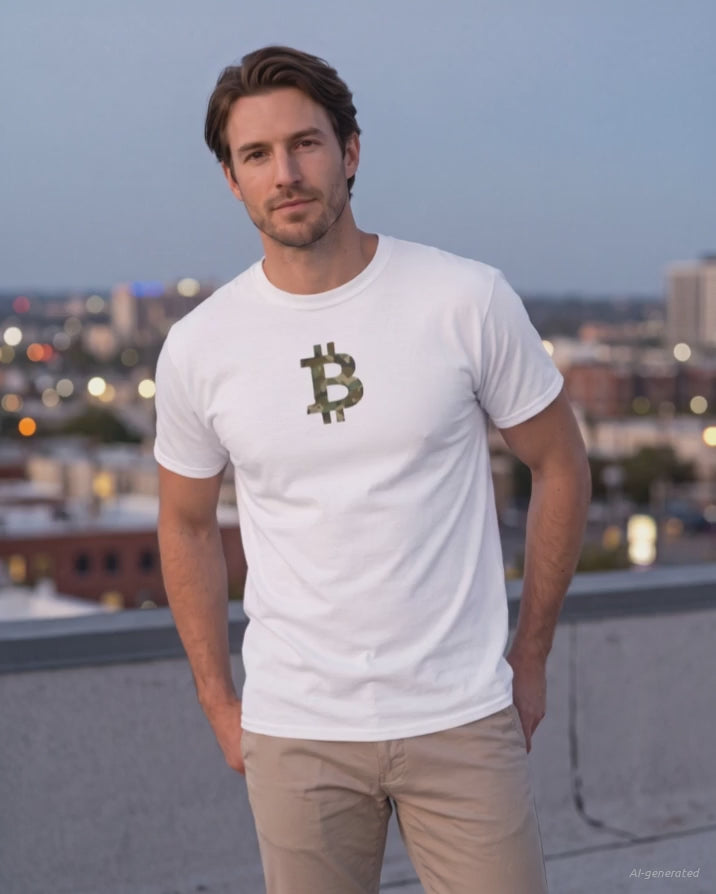 Camo Bitcoin Symbol on a white t-shirt, product video